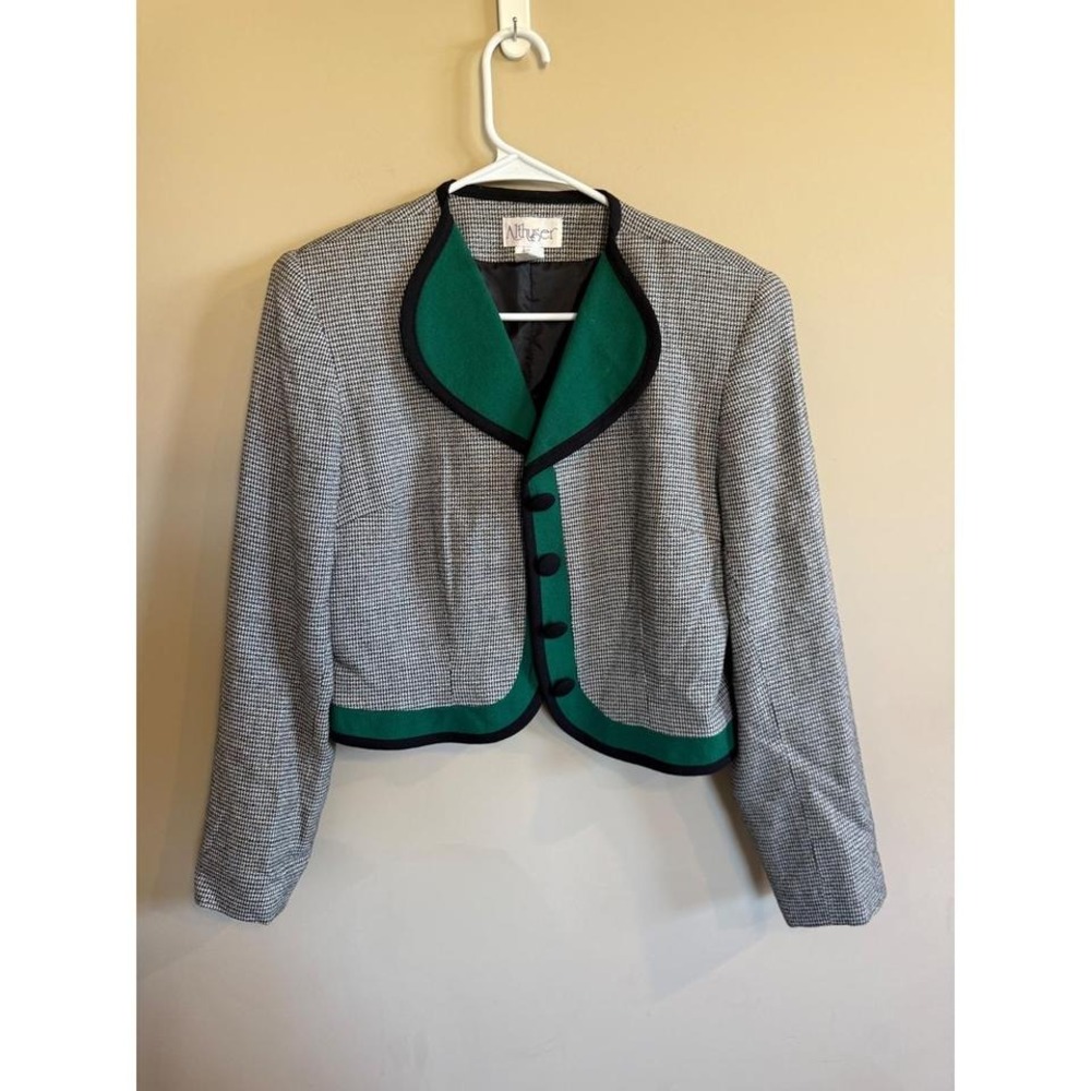 Althuser‎ Houndstooth Blazer Green Trim Cropped Jacket Womens Size 6 Made in USA